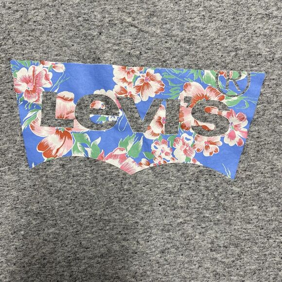 Levi's Short Sleeve Shirt Women's Medium Gray Floral Batwing Logo Cotton - Picture 2 of 7